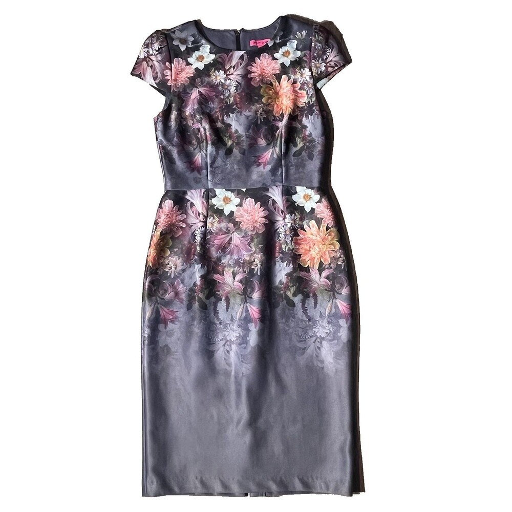 Betsey Johnson Midi Dress Size 6 Navy Pink Peach Floral Cap Sleeves Scuba